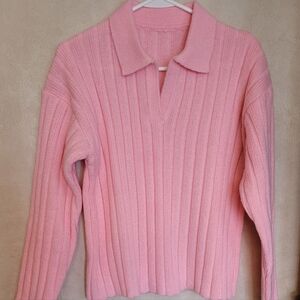 Pink Ribbed Women's  Collared Sweater  Cropped Style